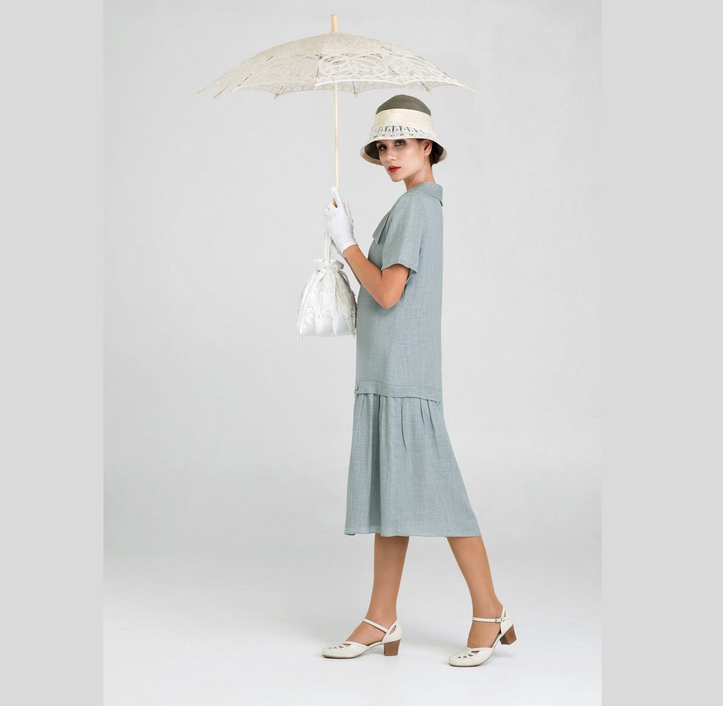 CLEARANCE: High Tea Style 1920s Dress in Grey Linen and with Short Sleeves