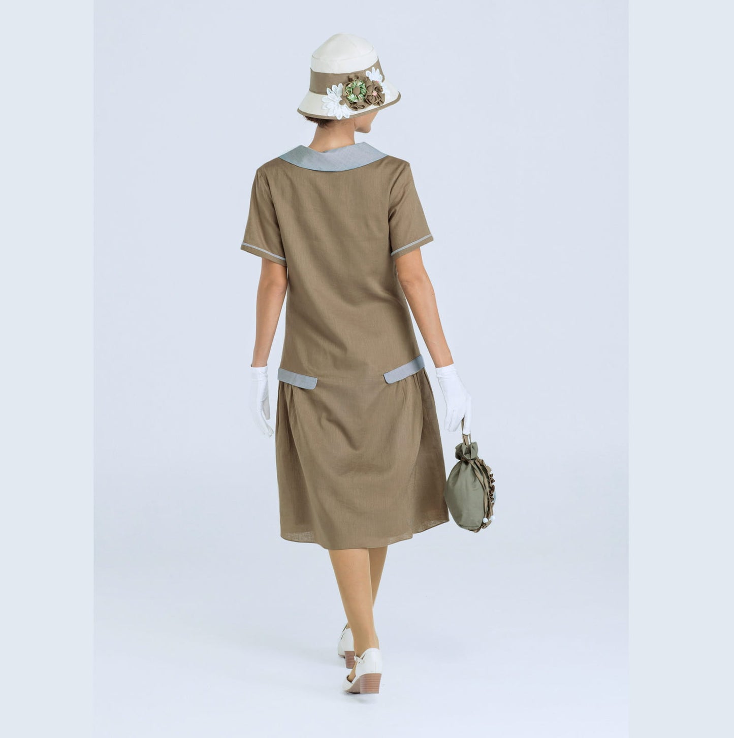 CLEARANCE: Olive Green and Grey Linen Downton Abbey dress with Short Sleeves