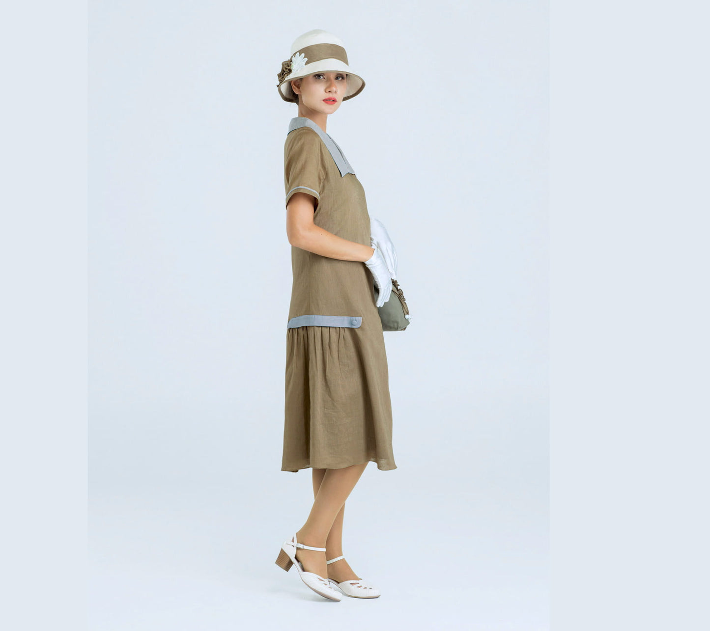 CLEARANCE: Olive Green and Grey Linen Downton Abbey dress with Short Sleeves