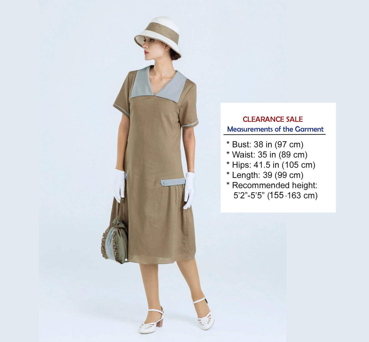 CLEARANCE: Olive Green and Grey Linen Downton Abbey dress with Short Sleeves