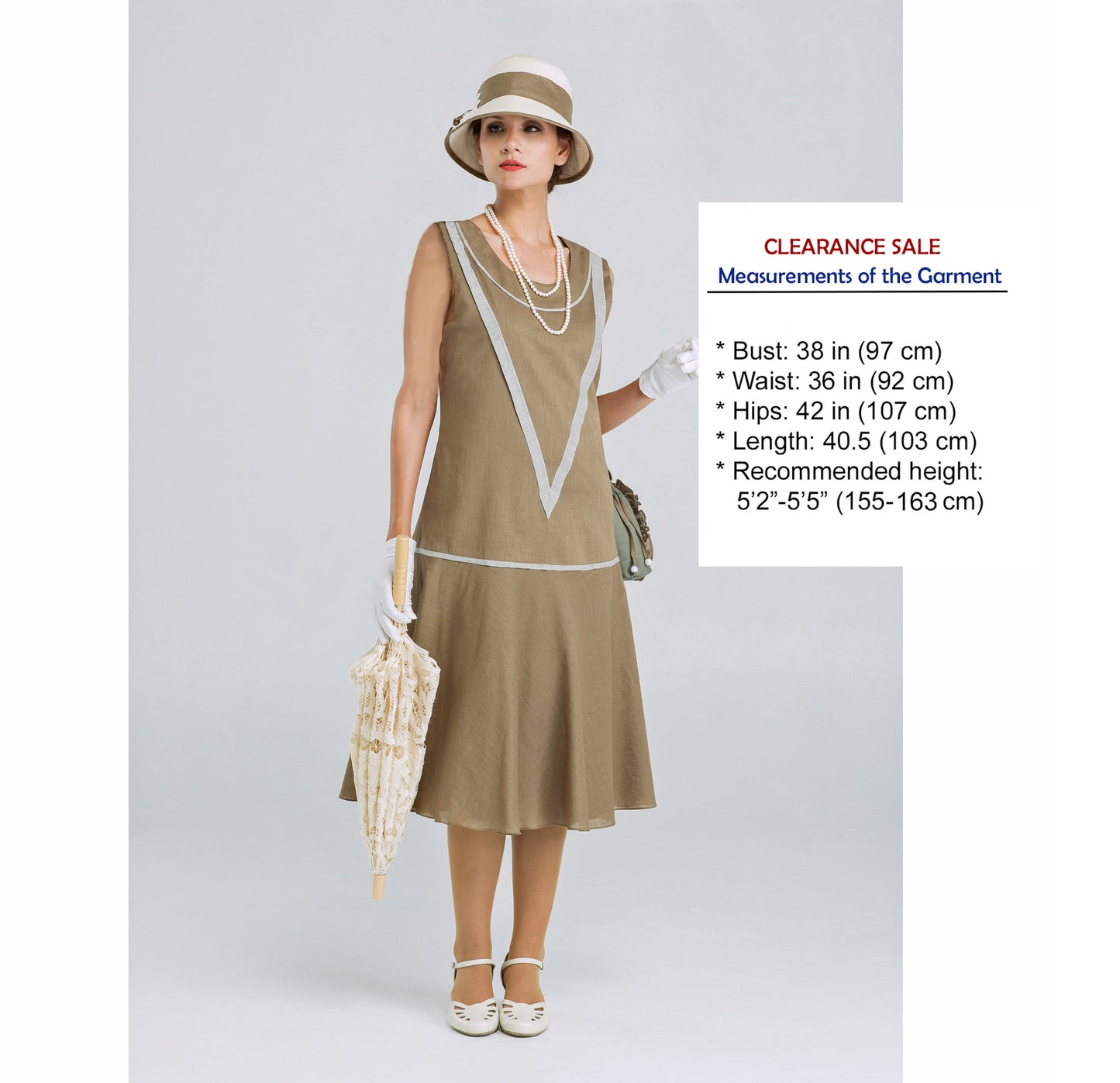 CLEARANCE: High Tea Fashion Olive Green Linen 1920s Dress with Grey Details