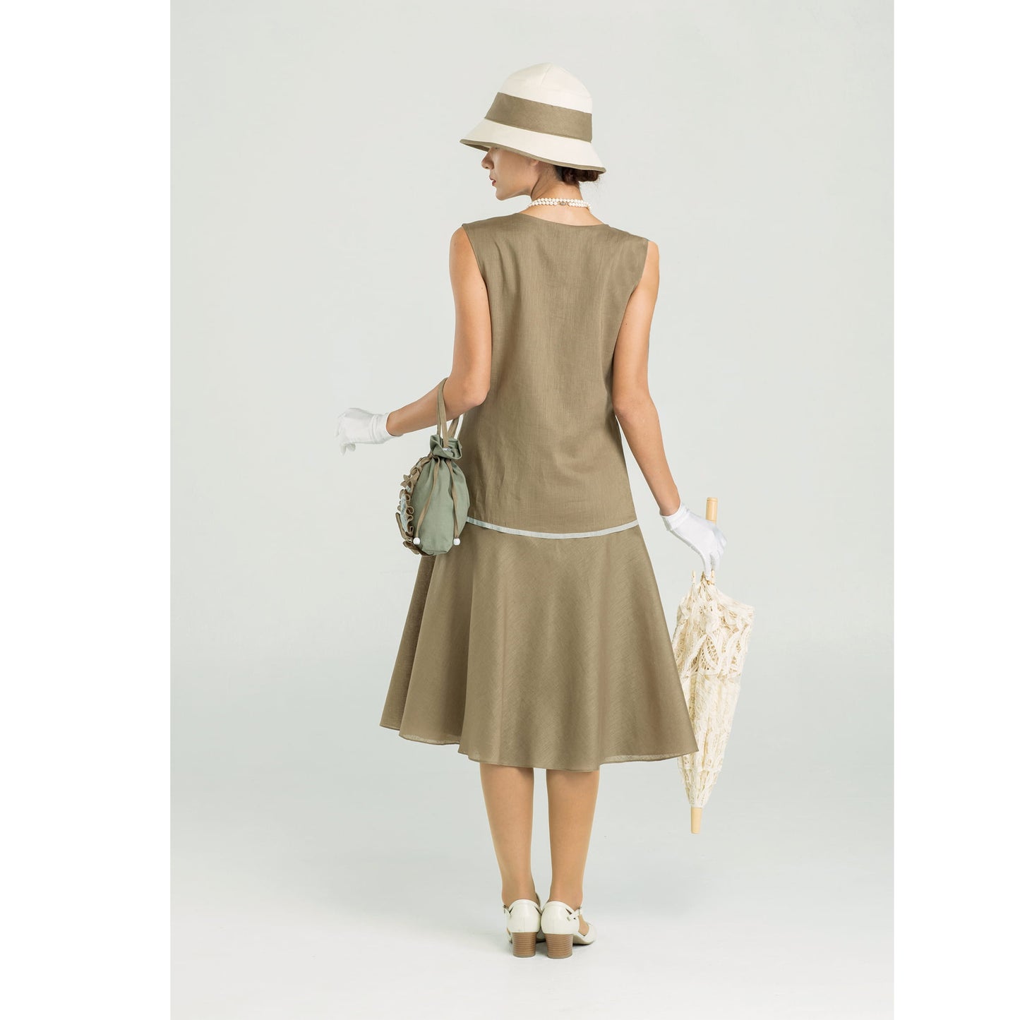 CLEARANCE: High Tea Fashion Olive Green Linen 1920s Dress with Grey Details