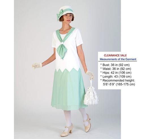 1920s cotton day dress in white and mint green and zig zag seam