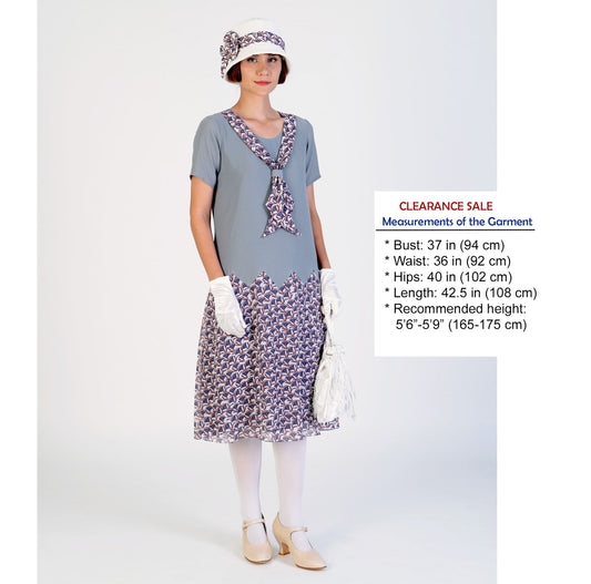 1920s reproduction dress with zig zag detail in grey and floral print