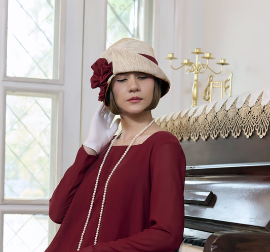 1920s high tea hat with maroon red details - a flapper hat