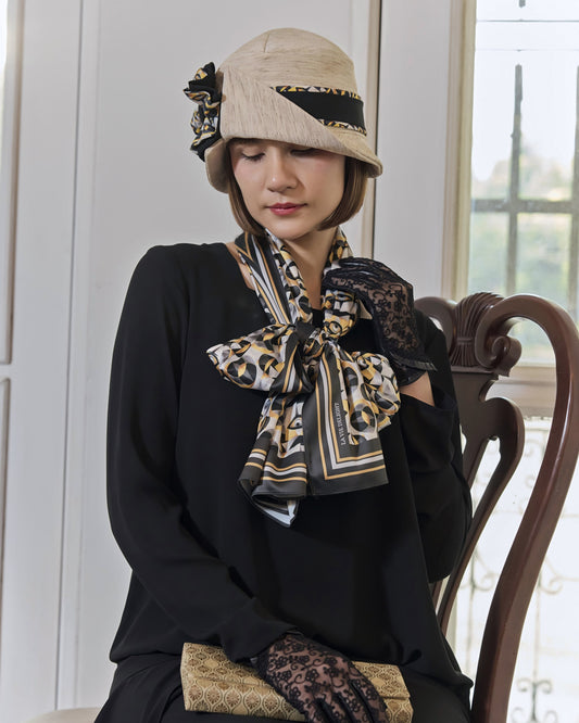 Cream Great Gatsby party hat with art deco floral hat band - a cloche hat