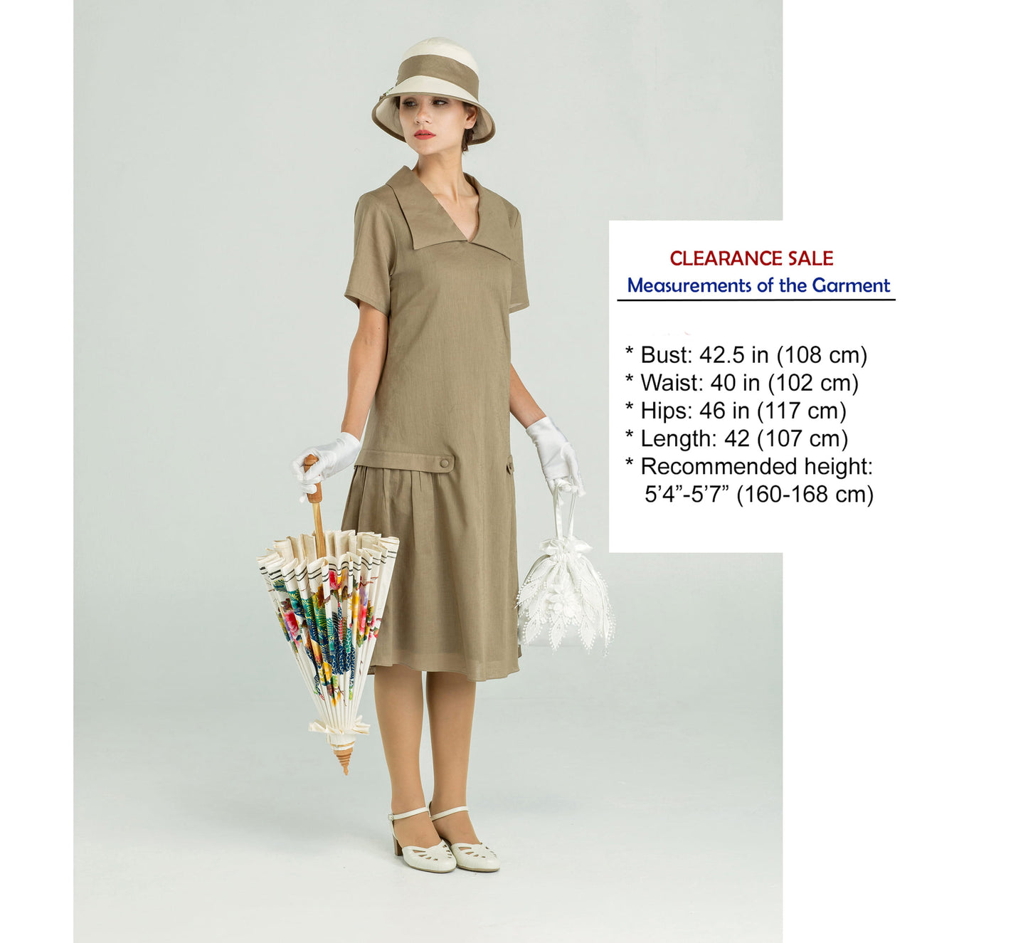 CLEARANCE: Vintage 1920s Style Olive Green Linen Gatsby Day Dress