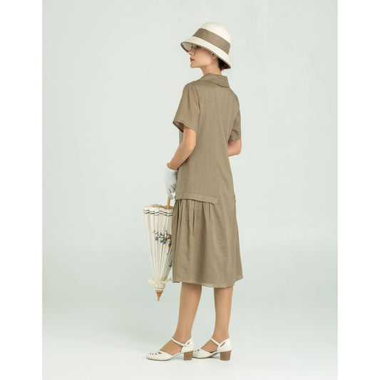 CLEARANCE: Vintage 1920s Style Olive Green Linen Gatsby Day Dress