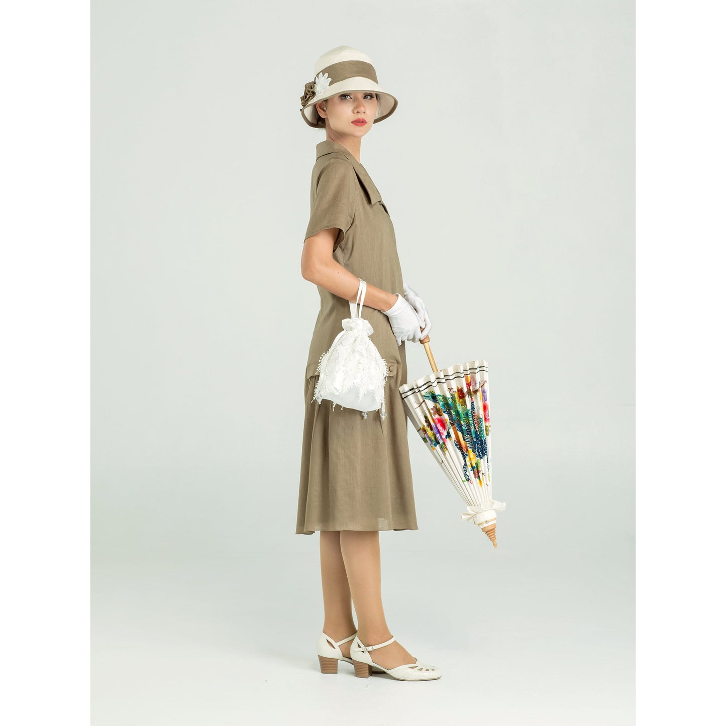 CLEARANCE: Vintage 1920s Style Olive Green Linen Gatsby Day Dress