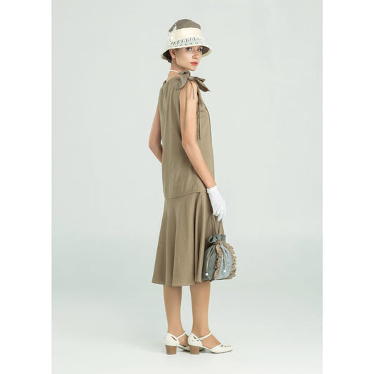 CLEARANCE: 1920s Vintage Fashion Linen Gatsby dress in olive green with shoulder bow