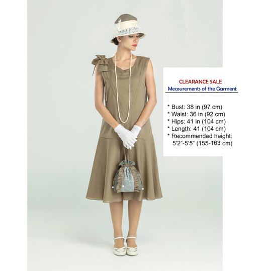 CLEARANCE: 1920s Vintage Fashion Linen Gatsby dress in olive green with shoulder bow
