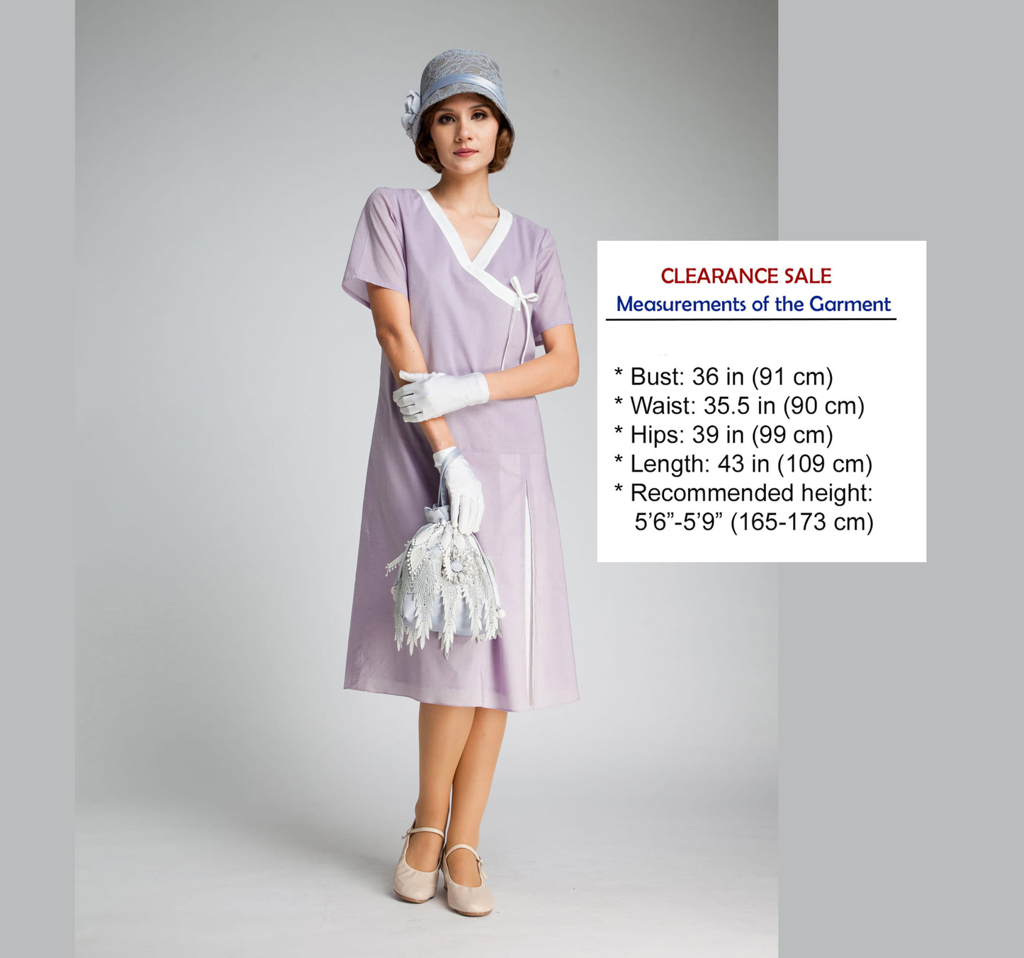 CLEARANCE: Light Purple Cotton 1920s dress with white details and short sleeves