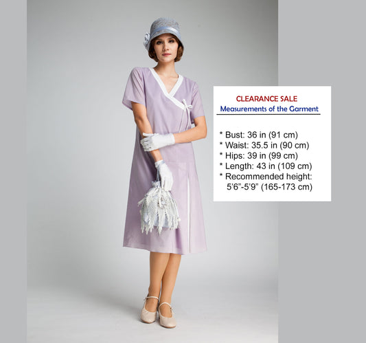 CLEARANCE: Light Purple Cotton 1920s dress with white details and short sleeves