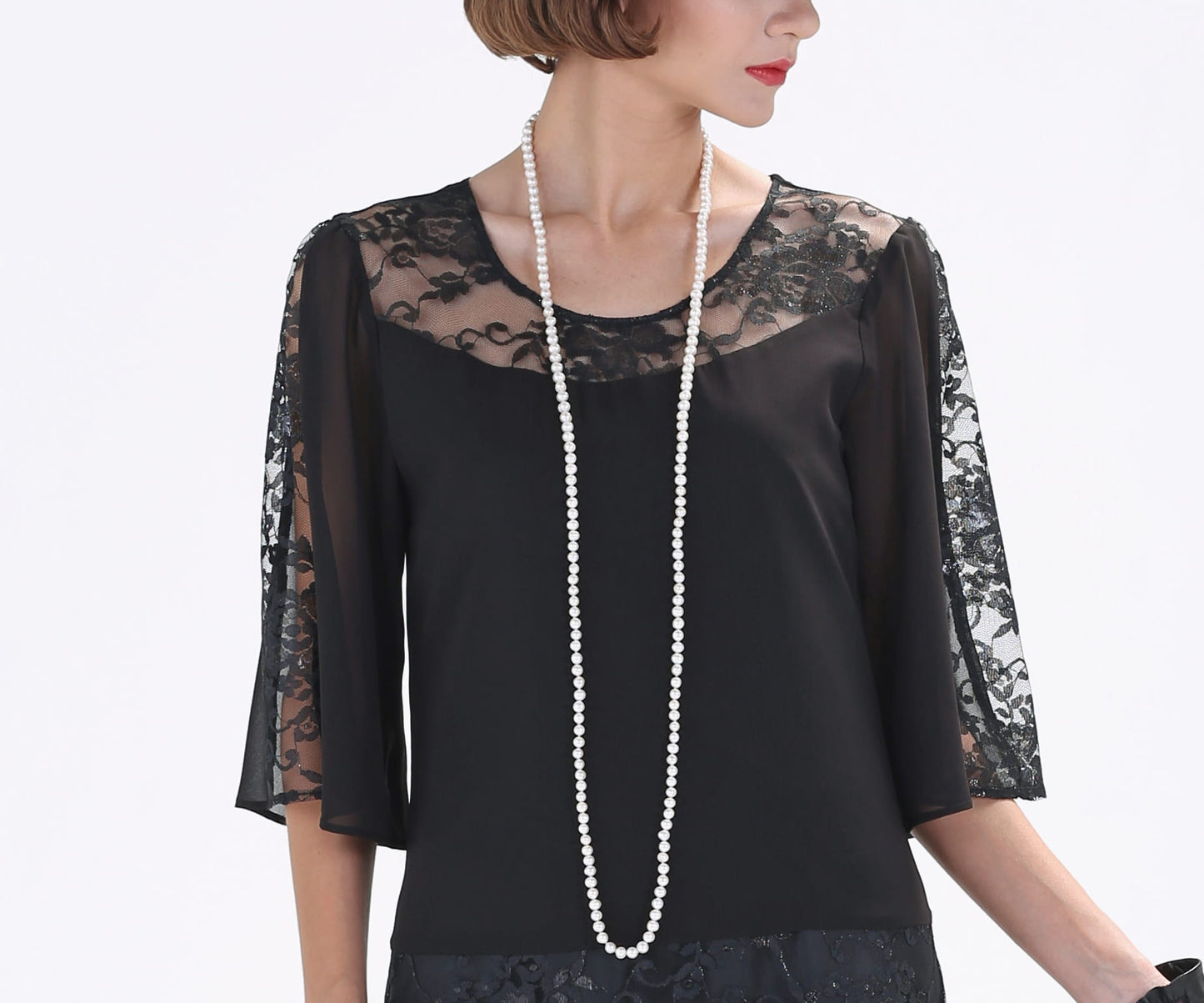 CLEARANCE: Gatsby Style Black Chiffon Lace 1920s Dress with Elbow Sleeves