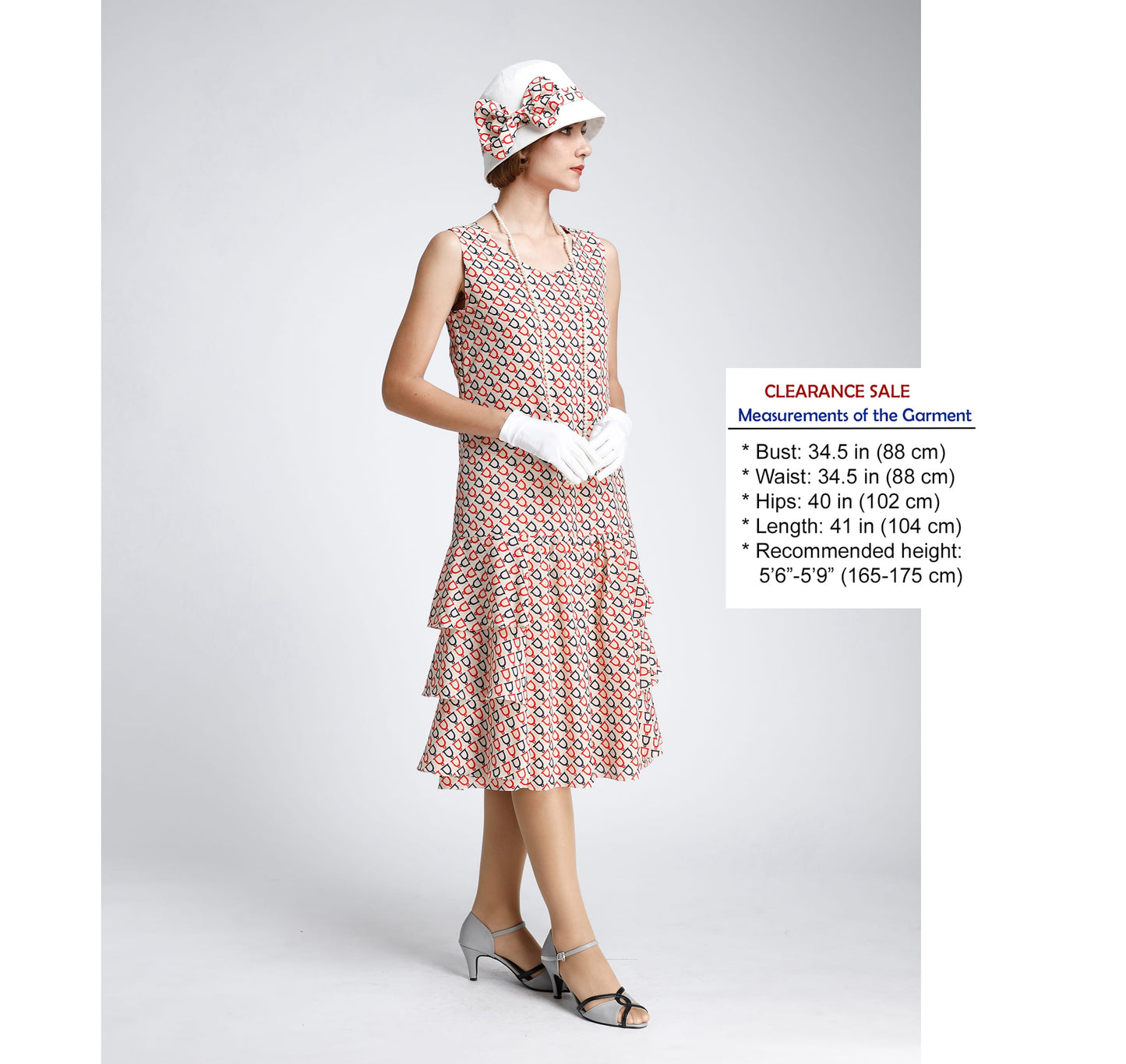 Great Gatsby dress in nude/dark blue/red print, with tiered skirt