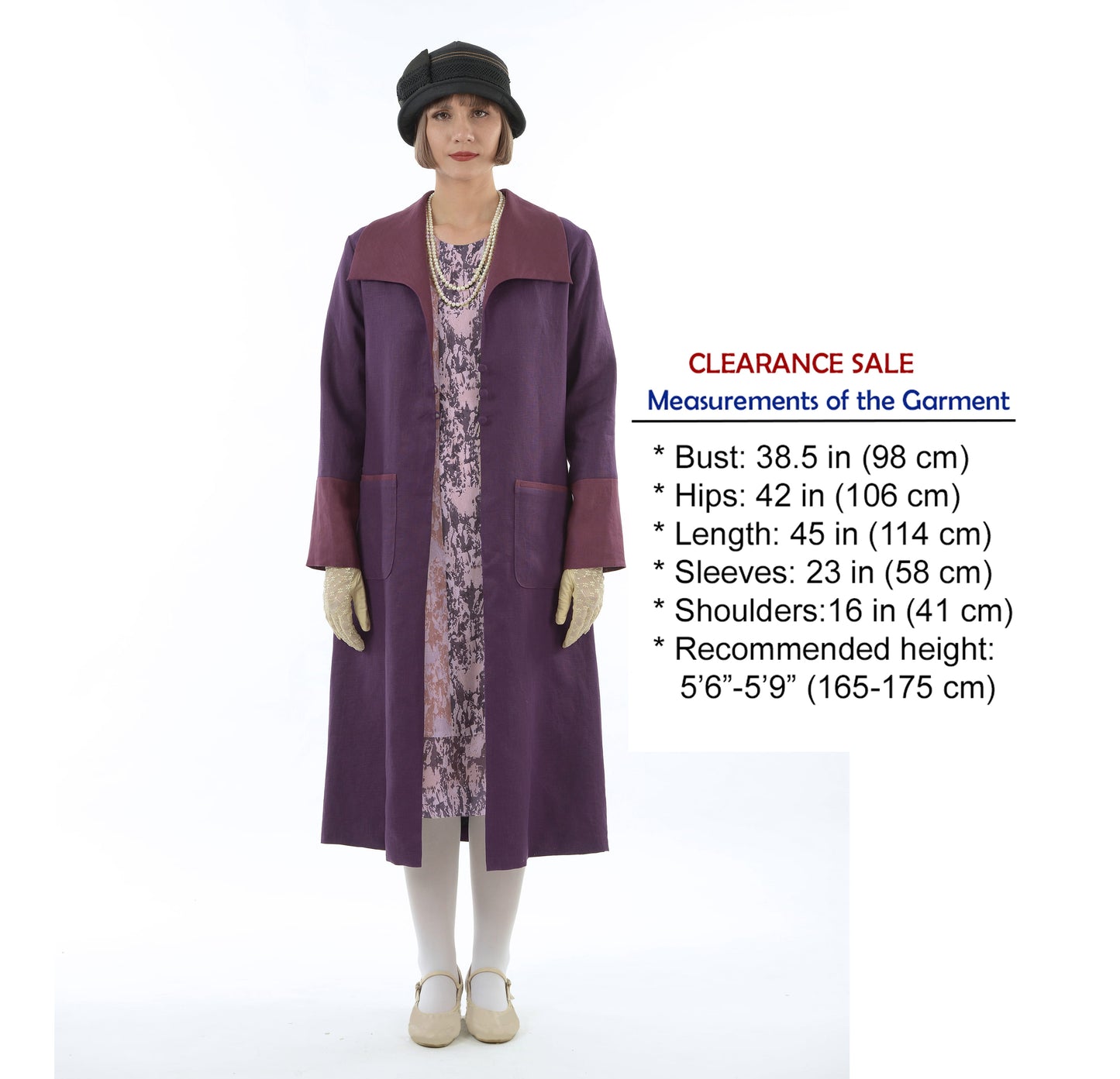 CLEARANCE: 2-toned purple linen 1920s reproduction coat with wing collar