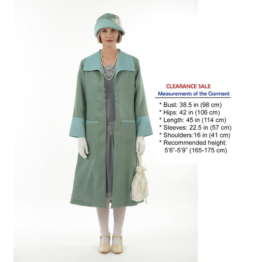 CLEARANCE: Flapper day coat in muted green linen & pastel blue details
