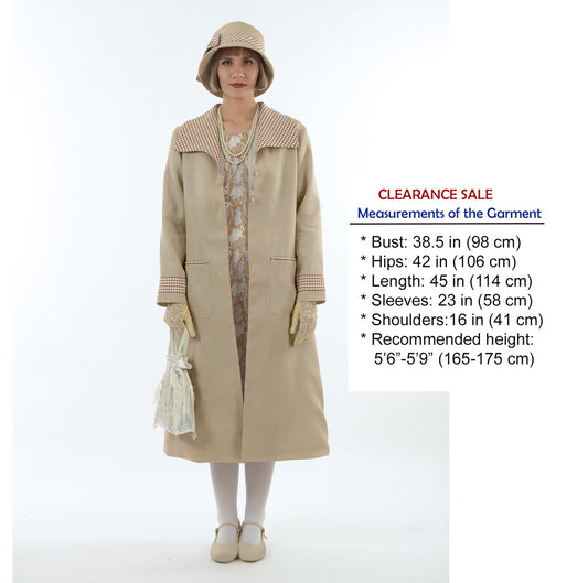 CLEARANCE: Light brown linen 1920s coat with plaid wing collar