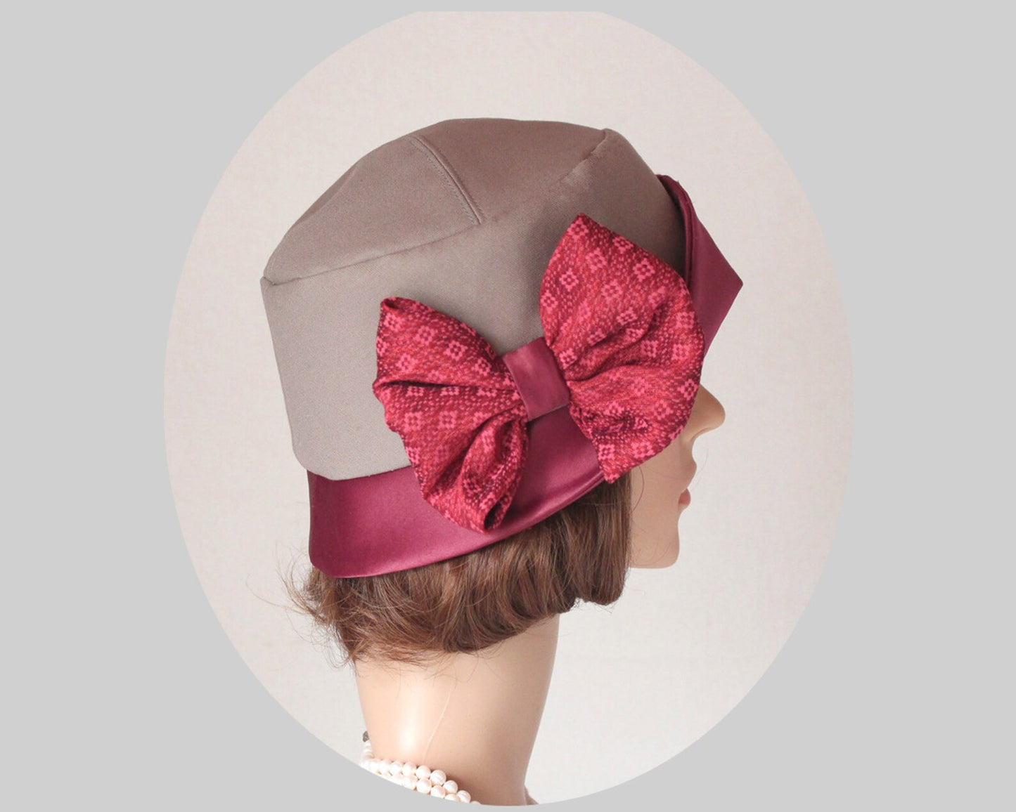 1920s cloche hat in wine red duchess satin and khaki cotton. Can be worn as a Great Gatsby hat, flapper hat or Jazz Age lawn party hat.