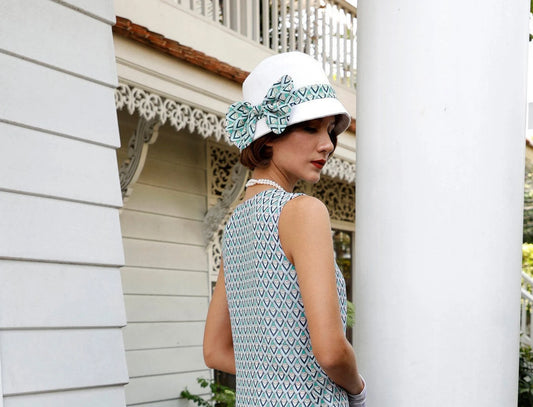 Great Gatsby hat with off-white cotton and printed chiffon in blue & green - a vintage-inspired Roaring Twenties hat