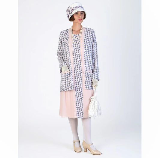 Vintage-inspired chiffon 1920s jacket with nude and print